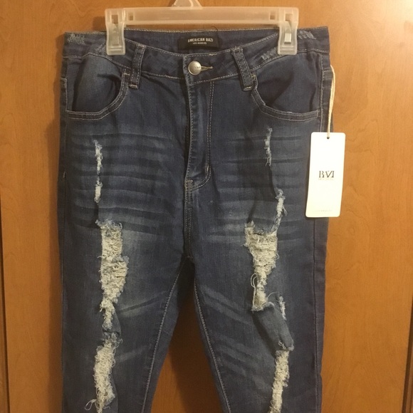 American bazi Medium Wash Whisker Detail High Waist Destroyed Skinny Jeans 9 - Picture 4 of 9